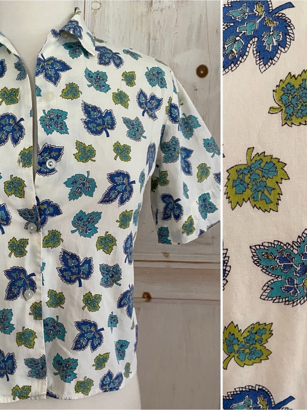 Vintage 1960s Short Sleeve Cotton Button Down Shirt Leaf Print